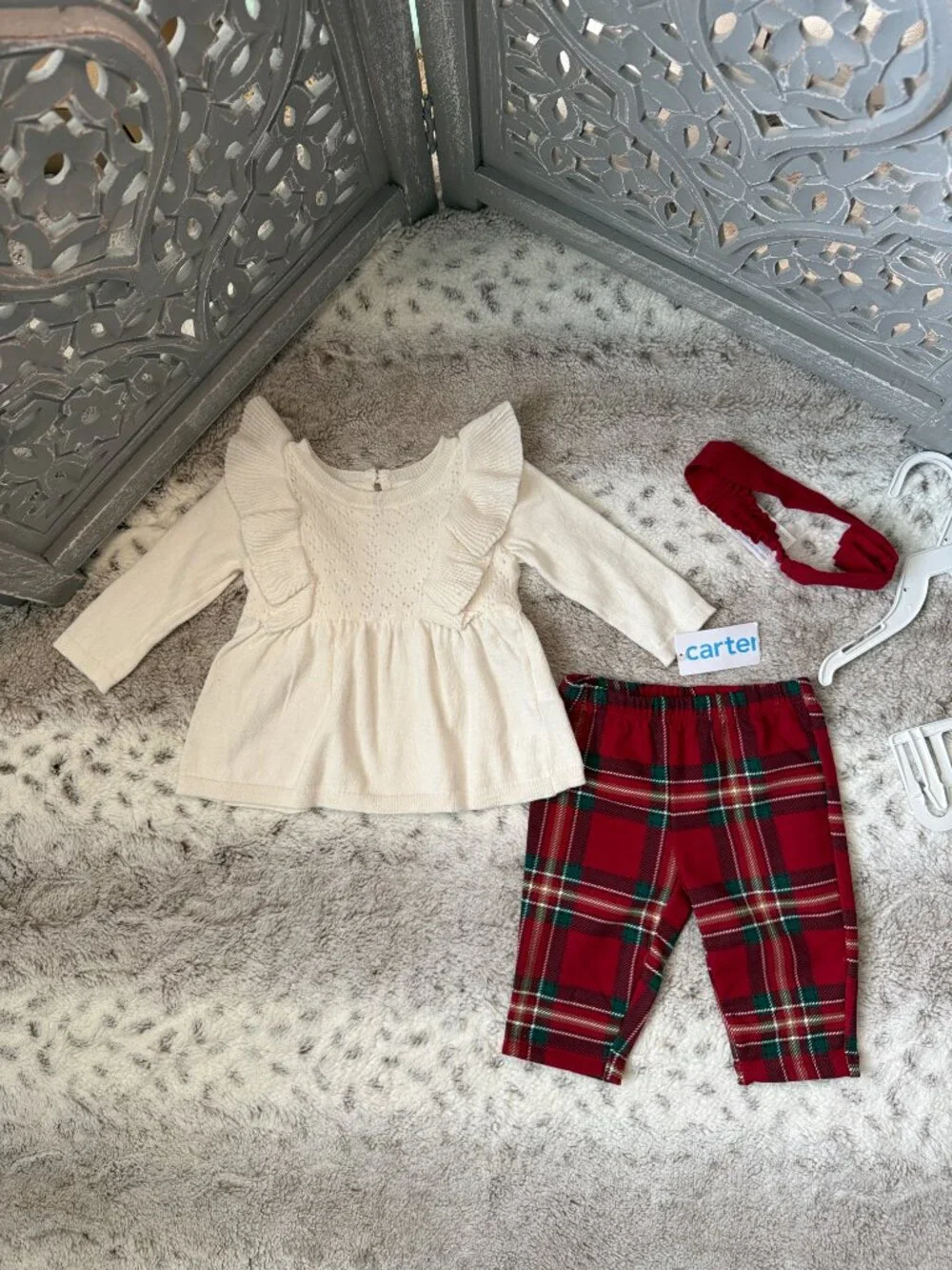 NWT! Carter's plaid set baby girls 3 months sweater pants headband Christmas